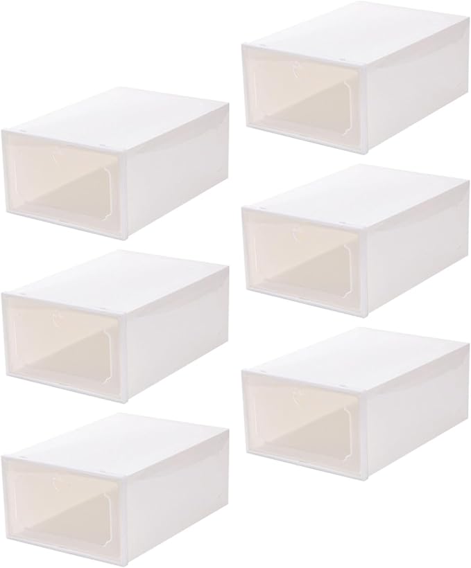SHINEOFI 6pcs Large Capacity Pearl White Plastic Shoe Storage Boxes with Flip- Design, Stackable Shoe Organizer for Closet and Home Storage