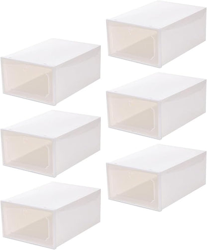 SHINEOFI 6pcs Large Capacity Pearl White Plastic Shoe Storage Boxes with Flip- Design, Stackable Shoe Organizer for Closet and Home Storage