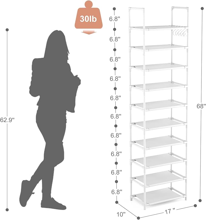 LANTEFUL 10 Tiers Tall Shoe Rack 20-25 Pairs Boots Organizer Storage Sturdy Narrow Shoe Shelf for Entryway, Closets with Hooks, White