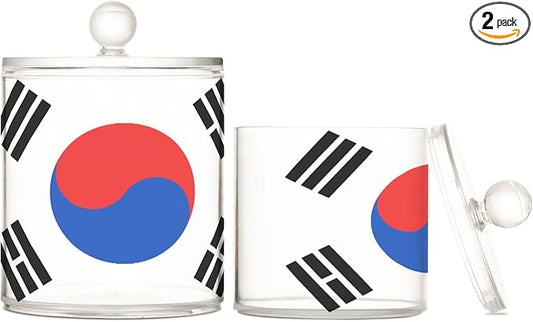 DOMIKING South Korea Flag 2 Pack Bathroom Canisters Cotton Swab Holder Dispenser Plastic Cotton Ball Jar Acrylic Storage Containers for Makeup Sponges Floss Cotton Ball