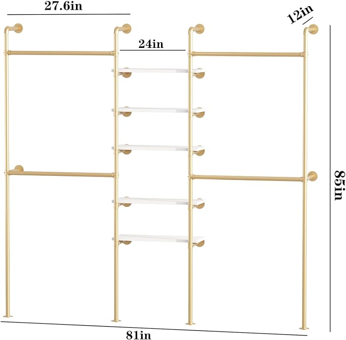 Industrial Pipe Clothing Racks with 5 Shelves, Wall Mounted Gold Clothes Rack for Hanging Clothes, Gold Wall Clothing Rack, Heavy Duty Clothes Rack for Walk in Closet, Laundry Room