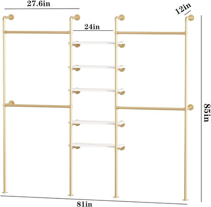 Industrial Pipe Clothing Racks with 5 Shelves, Wall Mounted Gold Clothes Rack for Hanging Clothes, Gold Wall Clothing Rack, Heavy Duty Clothes Rack for Walk in Closet, Laundry Room