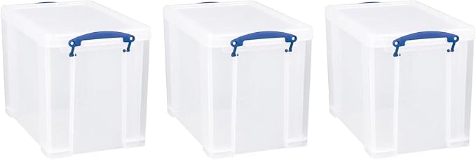 Really Useful Box 19 Liter Plastic Stackable Storage Container w/Snap Lid & Built-In Clip Lock Handles for Home & Office Organization, Clear (3 Pack)