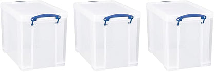 Really Useful Box 19 Liter Plastic Stackable Storage Container w/Snap Lid & Built-In Clip Lock Handles for Home & Office Organization, Clear (3 Pack)