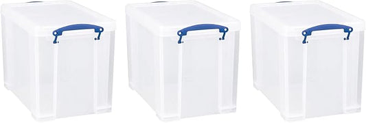 Really Useful Box 19 Liter Plastic Stackable Storage Container w/Snap Lid & Built-In Clip Lock Handles for Home & Office Organization, Clear (3 Pack)