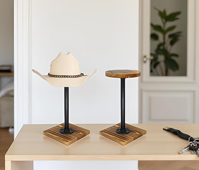 Owlgift Rustic Burnt Wood Hat Stand and Wig Display Rack, 2pcs 11.2” Hat Stands with Industrial Metal Pipe for Display, Square Barbell Base Display, Hat Rack Stand for Display Jewelry Watch Ring Bracelet Helmet