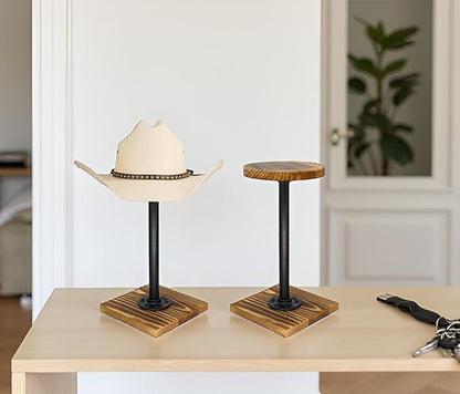 Owlgift Rustic Burnt Wood Hat Stand and Wig Display Rack, 2pcs 11.2” Hat Stands with Industrial Metal Pipe for Display, Square Barbell Base Display, Hat Rack Stand for Display Jewelry Watch Ring Bracelet Helmet