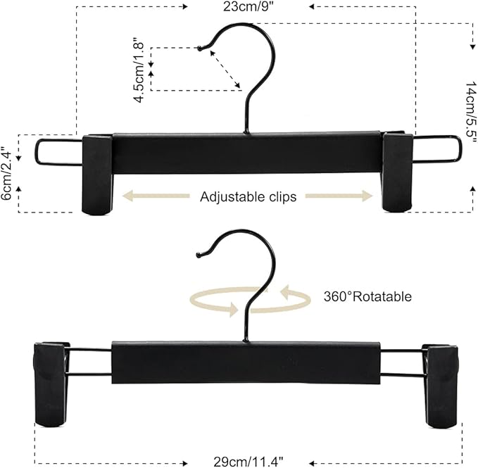 GUANJUNE 10 Pack Clothes Pants Hangers, Space-Saving Skirt Holders with 360 ° Swivel Hooks, Adjustable Clips, Trouser Coat Garment Jeans Black