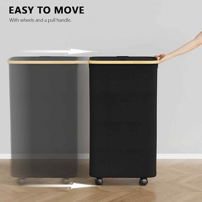 SpaceAid Slim Laundry Hamper with Wheels and Lid,62L Rolling Narrow Clothes Basket with Bamboo Handle, Large Laundry Hamper for Bedroom, Bathroom, Dorm, Laundry Room - Black