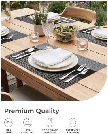 Leetaltree Grey with White Striped Placemats Set of 12 - Heat Resistant Non-Slip Place mats for Dining Table, Washable Durable PVC Vinyl Woven Table Mats（Grey Stripe, 12） - Image 6