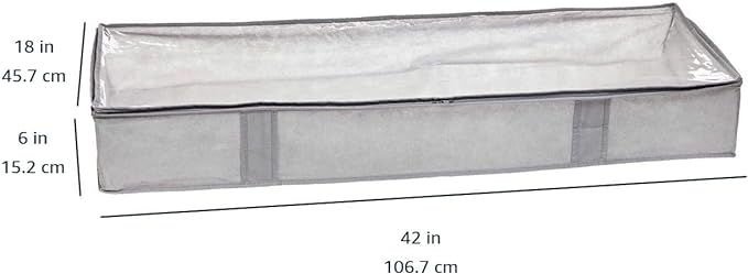 Amazon Basics Under Bed Storage Bags for Clothes and Blankets, Foldable Fabric Zipper Container with Clear Window and Reinforced Handles, Space Saving, 18 x 42 x 6 inches, Gray, 2-Pack