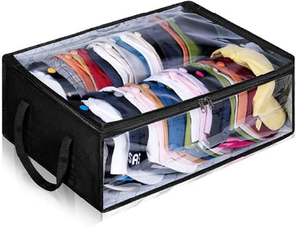 Transparent Non-Woven Hat Storage Foldable Bag – Large Capacity Cap Organizer with Handle for Baseball Hats, Beanies & Cowboy Hats (Black,16.1 x 5.5 x 19.7 Inch)