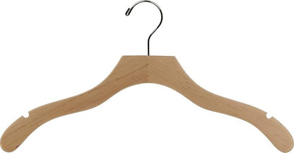 Wavy Wood Top Hanger, Box of 25 Space Saving 17 Inch Wooden Hangers w/Natural Finish & Chrome Swivel Hook & Notches for Shirt Jacket or Dress