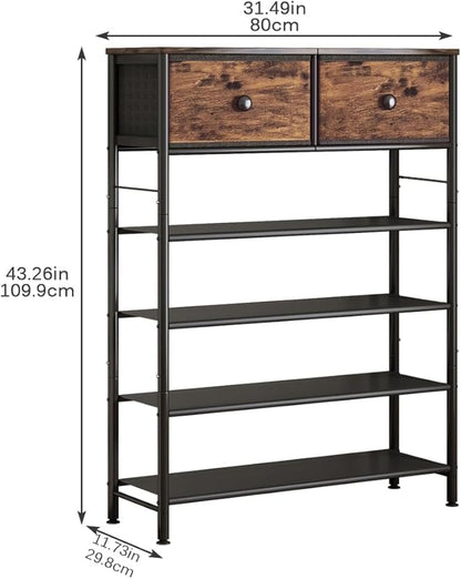 INGIORDAR Shoe Rack Organizer 5 Tier Metal Organizer Shelf with Industrial MDF Board and Layer Fabric for Entryway Closet Bedroom Living Room Garage (Black+Rustic Brown, 5 Tier with 2 Drawers)