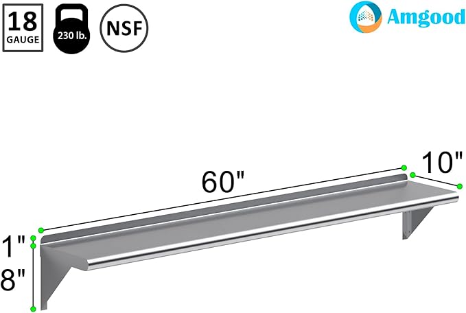 AmGood 10 in. x 60 in. Stainless Steel Wall Shelf | NSF | Metal Shelving | Garage, Laundry, Storage, Utility Room | Restaurant, Commercial Kitchen