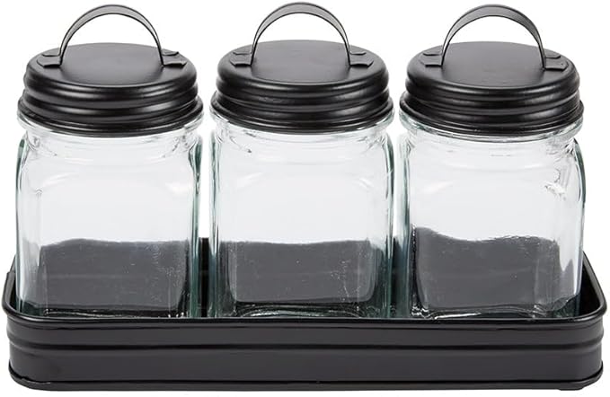 Set of 3 Glass Canisters in Galvanized Tray - Canisters in Tray Black