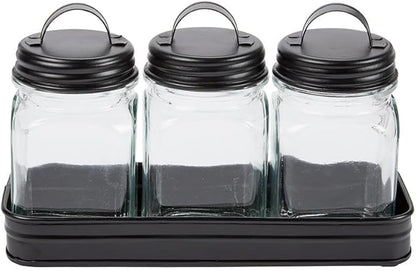 Set of 3 Glass Canisters in Galvanized Tray - Canisters in Tray Black