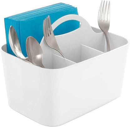 mDesign Plastic Cutlery Storage Organizer Caddy Bin Tote with Handle - Kitchen Cabinet Divided Pantry Basket for Forks, Knives, Spoons, Napkins, Indoor/Outdoor Use, Lumiere Collection, White