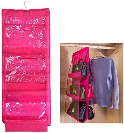 Kare Kind Hanging Handbag Purse Tote Clutch Organizer Holder (Hot Pink) - Space Saver for Wardrobe, Closet Storage - Dust-Proof with 360° Swivel Hook and 6 Transparent Pockets - Gift, Travel, Home
