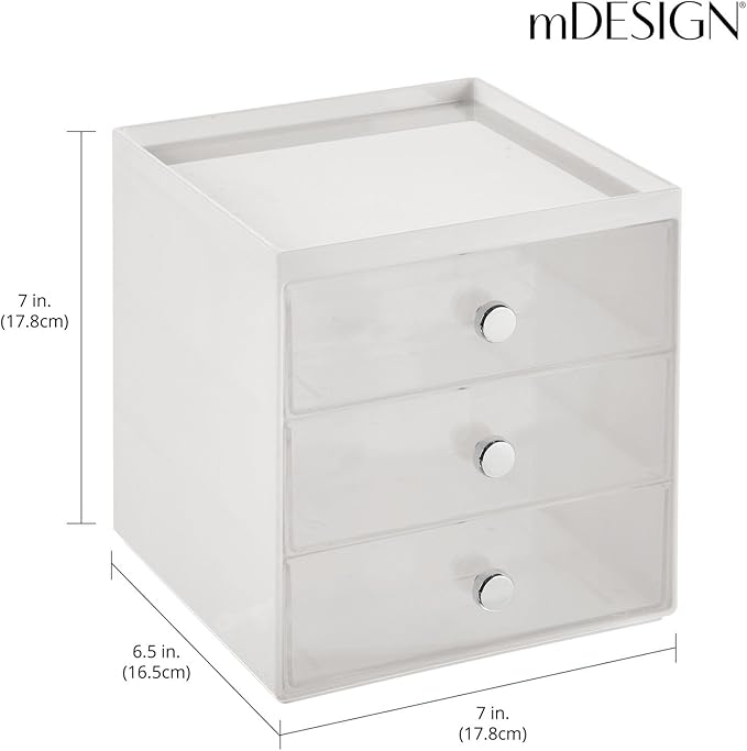 mDesign Plastic 3 Drawer Organizer for Makeup Storage - Large Stackable Makeup Organization and Storage Cube with Drawers for Bathroom, Vanity, Desk - Makeup Storage Drawers - Light Gray/Clear