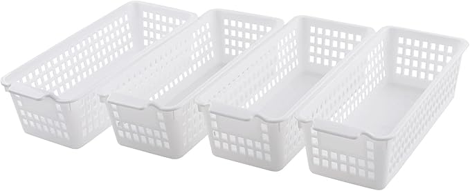 Saedy 4-Pack Slim Storage Basket, Plastic Organized Baskets, White