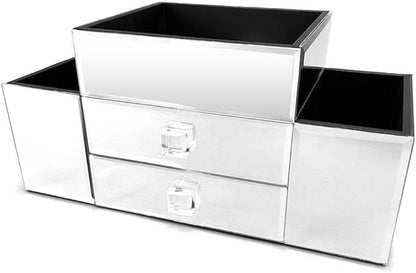 OnDisplay Emma 2 Drawer Tiered Mirrored Glass Makeup/Jewelry Organizer - Mirror Beauty Station - Perfect for Vanity, Bathroom Counter, or Dresser (Silver)