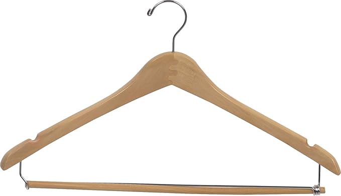Curved Wood Suit Hanger w/Locking Bar, Box of 50 17 Inch Hangers w/Natural Finish & Chrome Swivel Hook & Notches for Shirt Dress or Pants