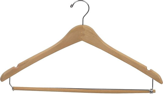 Curved Wood Suit Hanger w/Locking Bar, Box of 50 17 Inch Hangers w/Natural Finish & Chrome Swivel Hook & Notches for Shirt Dress or Pants
