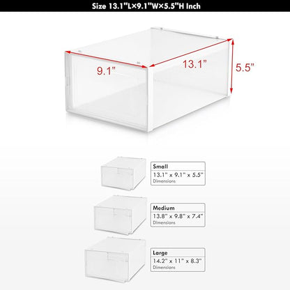 Clear Storage Bins for Shoes, 6 Pack Stackable Plastic Boxes With Lids for Closet Organization & Display