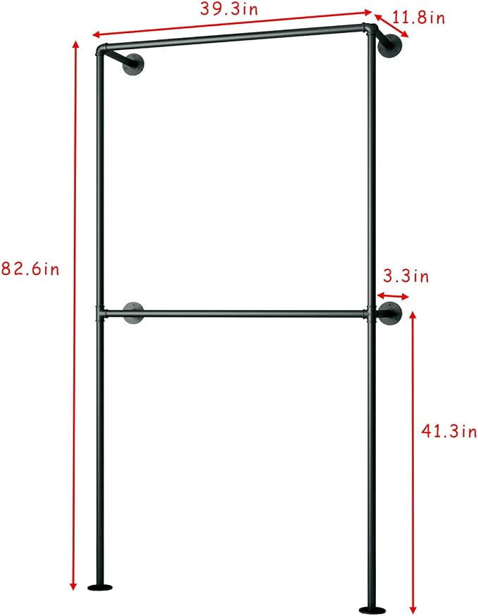 Industrial Pipe Clothing Rack Wall Mounted Garment Rack, Black Pipe Clothes Rack Retail Display Hanging Rod for Closet Storage, Laundry Room