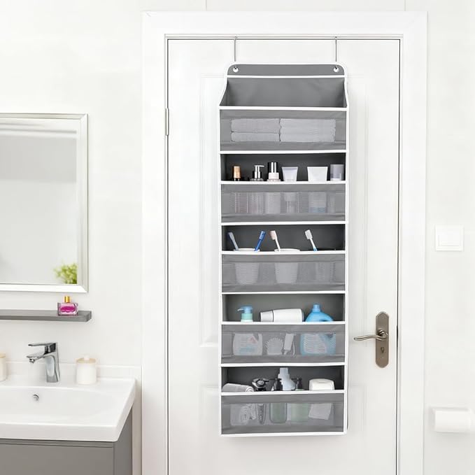 Over The Door Storage Organizer with 5 Extra Large Pockets & Side Mesh Pouches, Hanging Closet Door Organizer for Bedroom, Pantry, Nursery, Anti-Tilt Design, Fits 1.6" Doors-Dark Gray