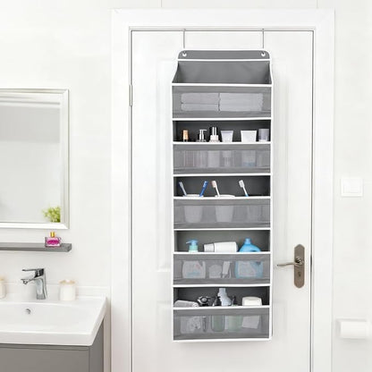 Over The Door Storage Organizer with 5 Extra Large Pockets & Side Mesh Pouches, Hanging Closet Door Organizer for Bedroom, Pantry, Nursery, Anti-Tilt Design, Fits 1.6" Doors-Dark Gray