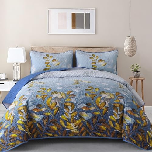 WONGS BEDDING Quilt Set King, Blue-Gold Floral Bedspread Coverlet Set by WONGSBEDDING