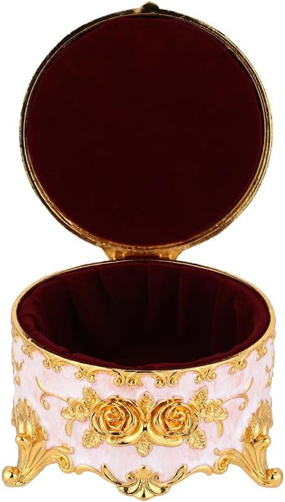 Retro round jewelry box creative small accessory storage box metal chest ring box collection commemorative box earring box earring necklace storage box women's gift small (Beige)