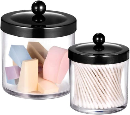SheeChung 2-Pack Plastic Apothecary Jars with Black Metal Lids-Clear Acrylic Qtip Holder Set-Shatterproof Bathroom Vanity Organizer for Cotton Balls, Swabs, Pads-Modern Farmhouse Chic Decor