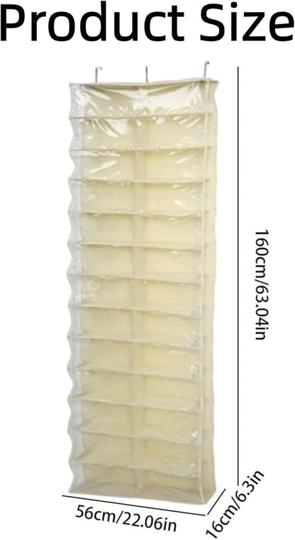 Hoodie Sweatshirt Storage Hack, Door Hanging Shoe Rack Organizer, 26-Pocket Clear Holder, Large 63" x 22" Foldable Behind The Door Organizer (Beige 1PC)