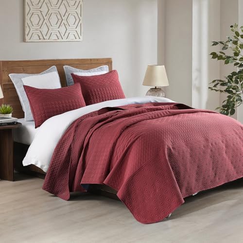 HORIMOTE HOME Burgundy Red King Size Quilt Set - Soft Microfiber Bedspread with 2 Shams, Lightweight & All-Season Geometric Coverlet for Cozy Bedding - Image 4
