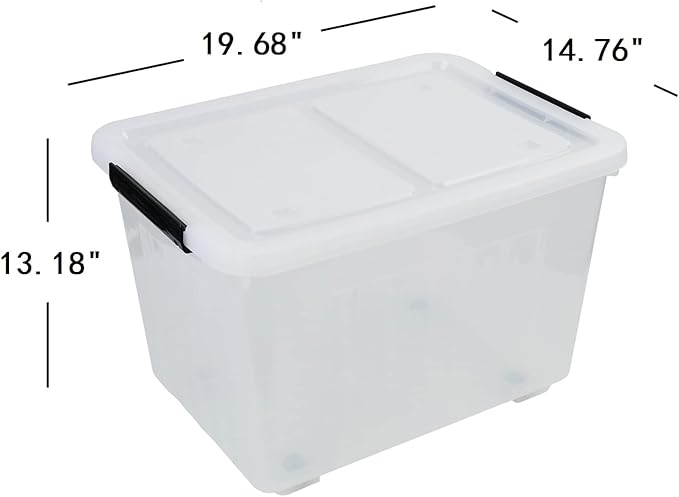 50 Quart Plastic Wheeled Storage Bin, 4 Packs, Plastic Latching Storage Box