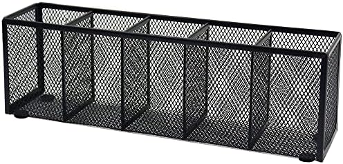Black Mesh Pen Pencil Holder, Small Metal Desk Organizer Desktop Stationery Office Supplies Acessories Storage Stand, 5 Compartments Brushes Holder for Home School Classroom Teachers by Flytreal