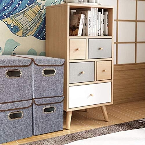 Storage Bin [Set of 4] Linen Fabric Foldable Container with Lid, Collapsible Organizer Boxes Cubes - 10 x 10 x 10 Inches (Gray)