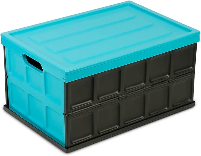 Glad Collapsible Storage Bin with Lid - 48L Foldable Plastic Box for Garage, Car Trunk, and Organization - Stackable Lidded Container with Handles, Turquoise