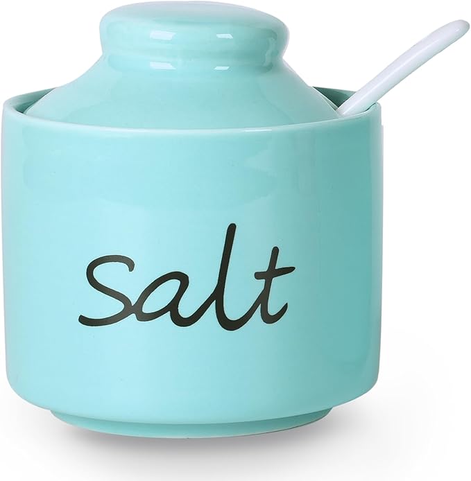 ONTUBE Farmhouse 8oz Salt Bowls with Lid and Spoon, Ceramics Condiment Pots, Seasoning Jar Spice Container for Kitchen, Dishwasher Safe (Turquoise)