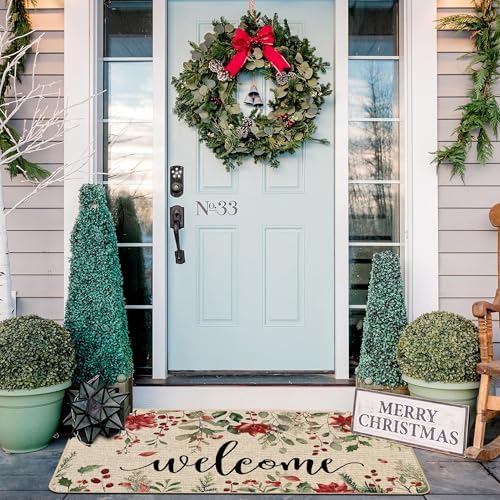 ORTIGIA Christmas Doormat Poinsettia Welcome Door Mat 17x36 Inch - Image 2