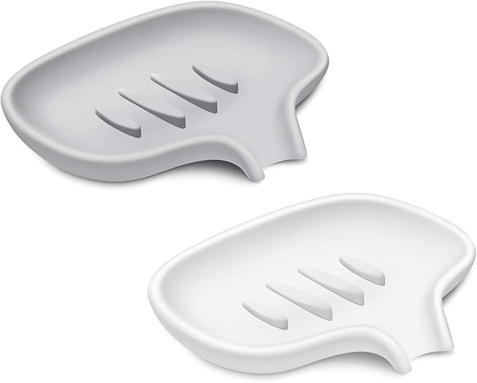 SUBEKYU Silicone Soap Dish for Bathroom,Bar Soap Holder for Shower with Draining Tray, Waterfall Soap Tray for Kitchen Sink, Set of 2 (White + Gray(Style 1))