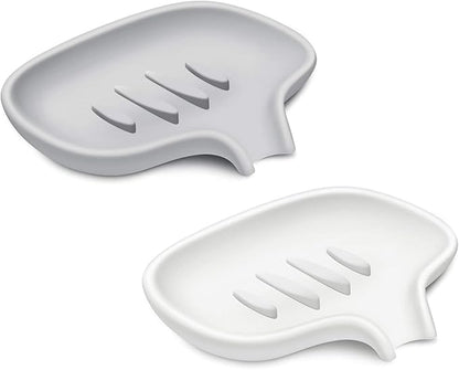 SUBEKYU Silicone Soap Dish for Bathroom,Bar Soap Holder for Shower with Draining Tray, Waterfall Soap Tray for Kitchen Sink, Set of 2 (White + Gray(Style 1))