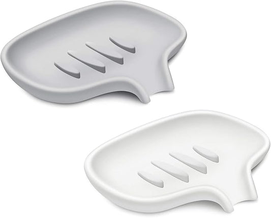 SUBEKYU Silicone Soap Dish for Bathroom,Bar Soap Holder for Shower with Draining Tray, Waterfall Soap Tray for Kitchen Sink, Set of 2 (White + Gray(Style 1))