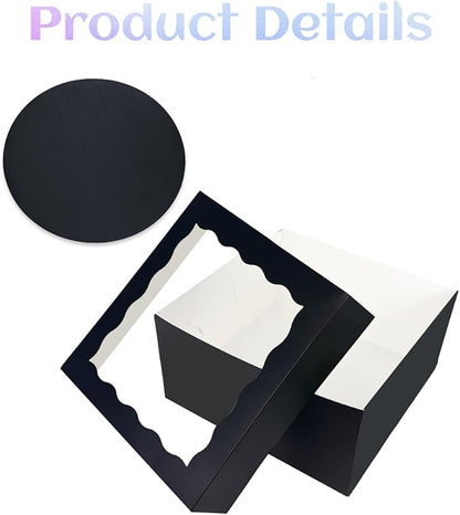 qiqee Black 10x10x8 Cake Box, 4 Sets Cake Box with Window ＆ 4 Sets 10" Cake Round Boards, 10inch Cake Containers, 10 Meters Pink Silk Ribbon Includes