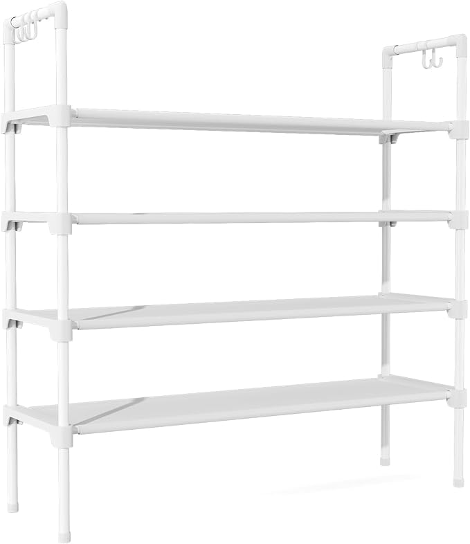 LANTEFUL 4 Tier Shoe Rack for Closet Shoe Organizer with 5 Hooks, Long Shoe Shelf Storage for Shoe and Boot Stackable Free Standing Shoe Rack for Entryway, Garage, Small Spaces, Dorm, White