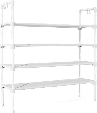 LANTEFUL 4 Tier Shoe Rack for Closet Shoe Organizer with 5 Hooks, Long Shoe Shelf Storage for Shoe and Boot Stackable Free Standing Shoe Rack for Entryway, Garage, Small Spaces, Dorm, White