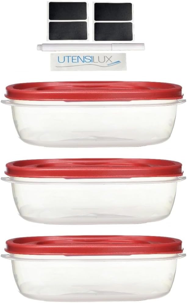 Rubber maid Food Storage Containers Nine Cup Food Storage Containers 7 Peice Set, Easy Find Lids, 3 Containers, 3 Lids Chalk Pen And Chalk Labels